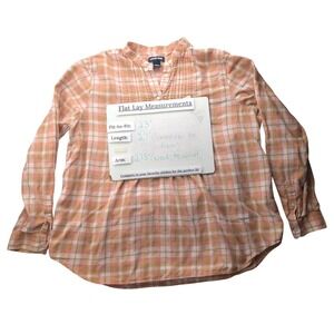 Lands End Womens Orange Plaid Pintuck Band Collar Long Sleeve Blouse Size 18